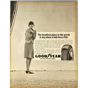 Goodyear Double Eagle Tires "Lady alone on Highway" Vintage Print Ad 1966